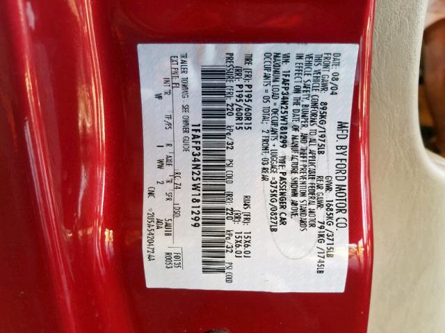 1FAFP34N25W181299 - 2005 FORD FOCUS ZX4 RED photo 10