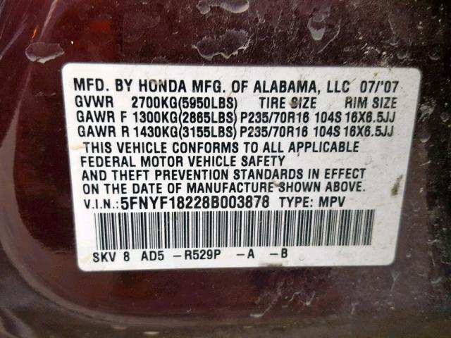 5FNYF18228B003878 - 2008 HONDA PILOT VP BURGUNDY photo 10