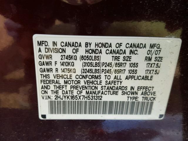 2HJYK165X7H531312 - 2007 HONDA RIDGELINE MAROON photo 10