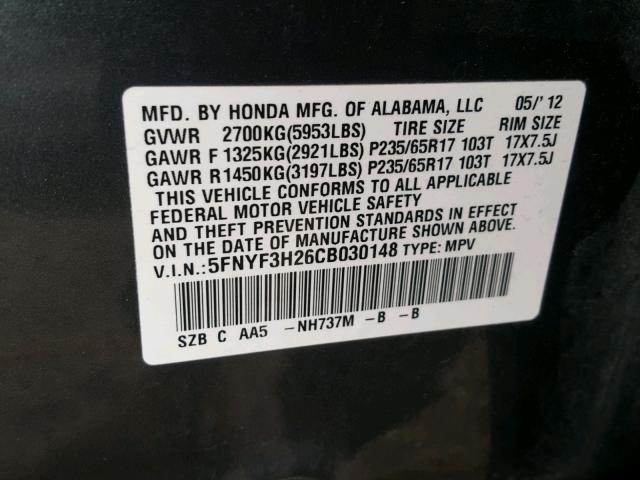 5FNYF3H26CB030148 - 2012 HONDA PILOT LX GRAY photo 10