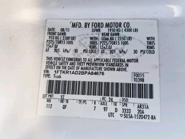 1FTKR1AD2BPA84676 - 2011 FORD RANGER WHITE photo 10