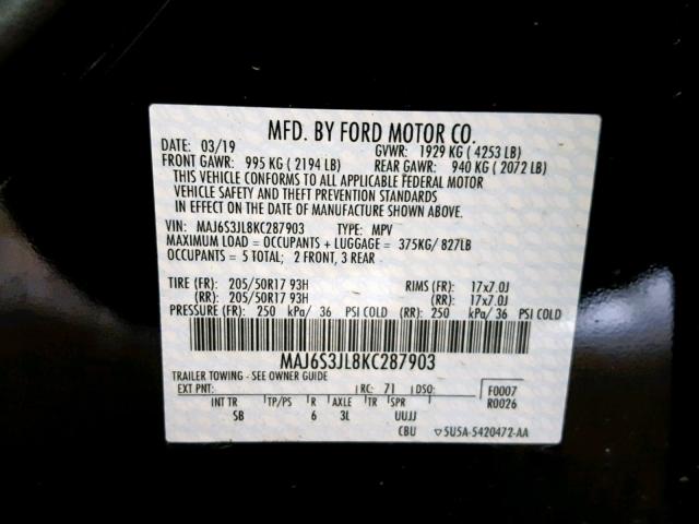 MAJ6S3JL8KC287903 - 2019 FORD ECOSPORT S BLACK photo 10