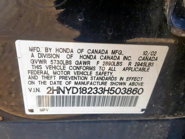 2HNYD18233H503860 - 2003 ACURA MDX BLACK photo 10