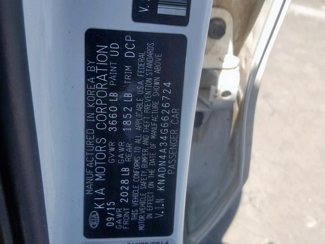 KNADN4A34G6626724 - 2016 KIA RIO EX WHITE photo 10