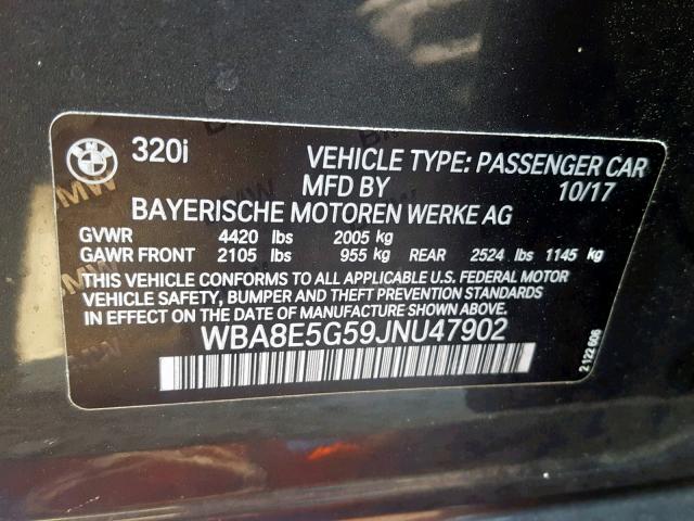 WBA8E5G59JNU47902 - 2018 BMW 320 XI GRAY photo 10