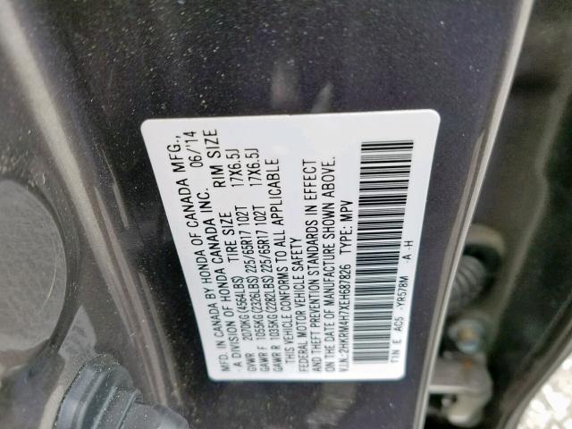 2HKRM4H7XEH687826 - 2014 HONDA CR-V EXL GRAY photo 10