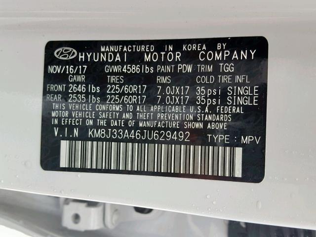 KM8J33A46JU629492 - 2018 HYUNDAI TUCSON SEL WHITE photo 10