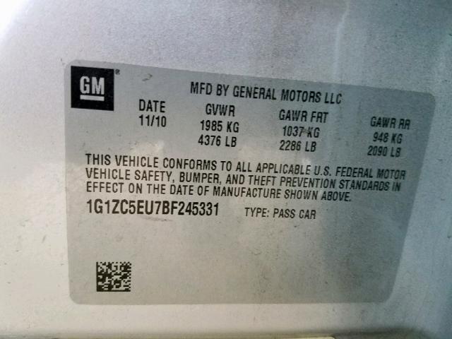 1G1ZC5EU7BF245331 - 2011 CHEVROLET MALIBU 1LT 银色 照片 10