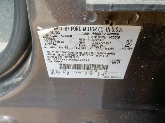 1FTSW31P24EA28699 - 2004 FORD F350 SRW S SILVER photo 10