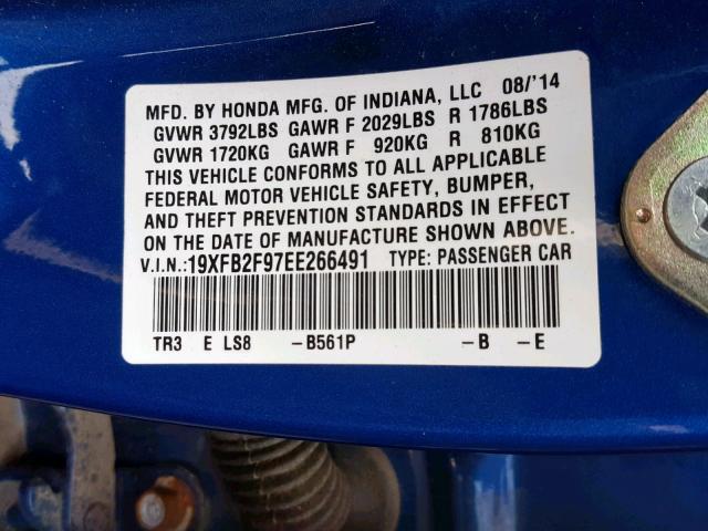19XFB2F97EE266491 - 2014 HONDA CIVIC EXL Mavi foto 10