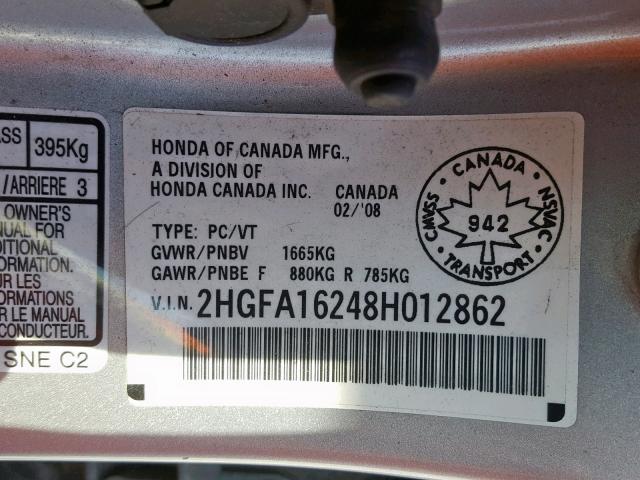 2HGFA16248H012862 - 2008 HONDA CIVIC DX SILVER photo 10