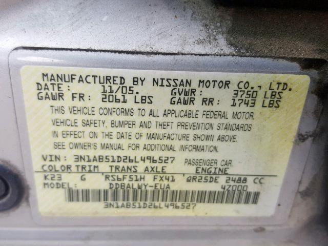 3N1AB51D26L496527 - 2006 NISSAN SENTRA SE- SILVER photo 10