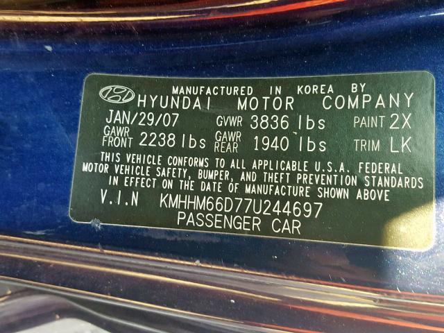 KMHHM66D77U244697 - 2007 HYUNDAI TIBURON GS BLUE photo 10