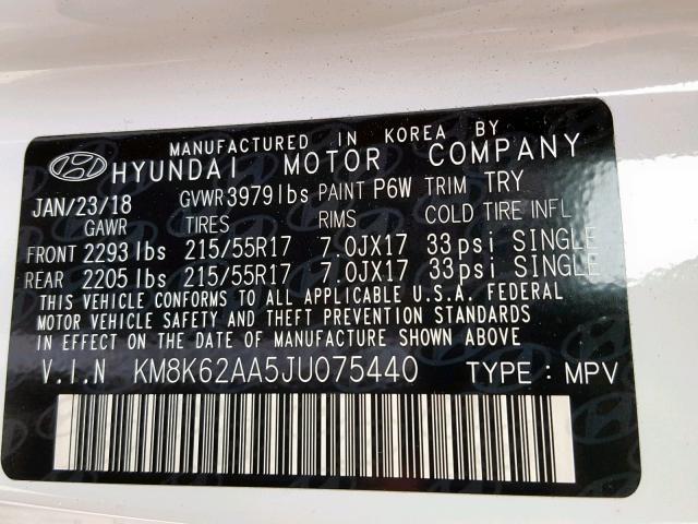 KM8K62AA5JU075440 - 2018 HYUNDAI KONA SEL WHITE photo 10