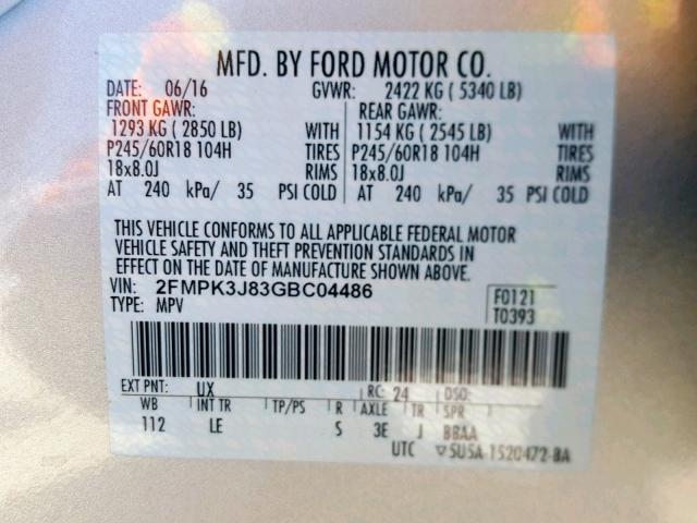 2FMPK3J83GBC04486 - 2016 FORD EDGE SEL SILVER photo 10