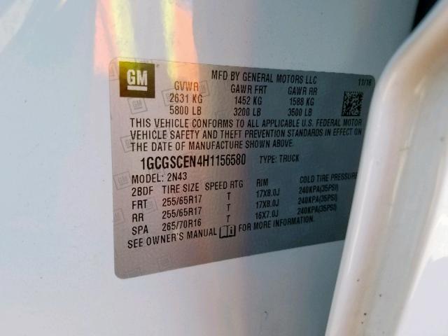 1GCGSCEN4H1156580 - 2017 CHEVROLET COLORADO L WHITE photo 10