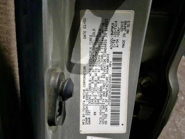 JTEGD21A020030443 - 2002 TOYOTA HIGHLANDER SILVER photo 10