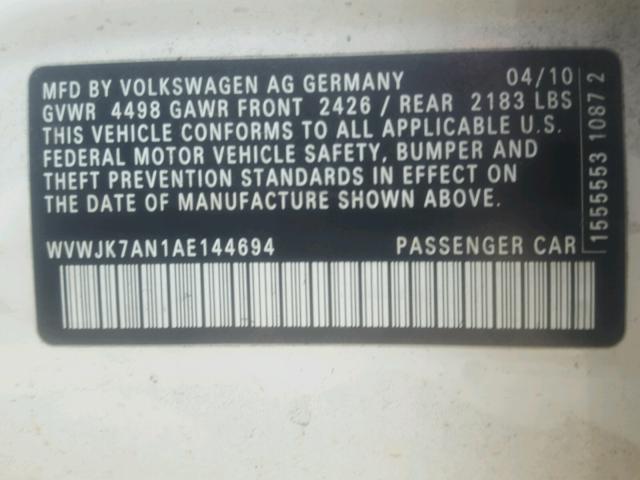 WVWJK7AN1AE144694 - 2010 VOLKSWAGEN PASSAT KOM WHITE photo 10