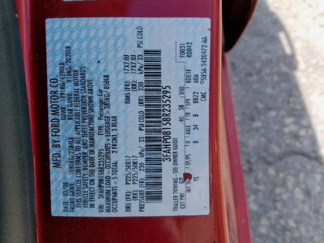 3FAHP08158R235295 - 2008 FORD FUSION SEL RED photo 10