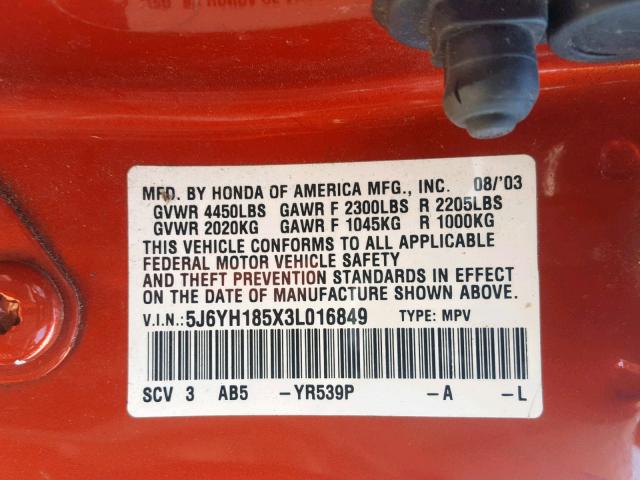 5J6YH185X3L016849 - 2003 HONDA ELEMENT EX ORANGE photo 10