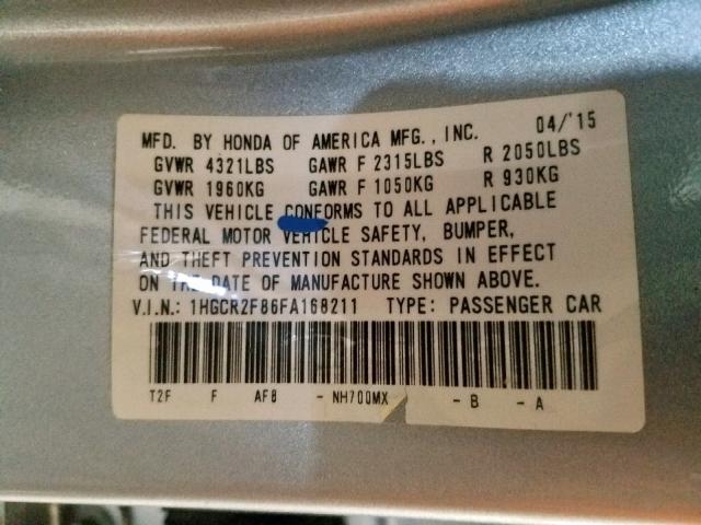 1HGCR2F86FA168211 - 2015 HONDA ACCORD EXL SILVER photo 10