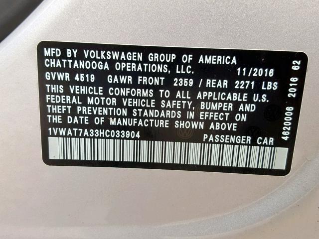 1VWAT7A33HC033904 - 2017 VOLKSWAGEN PASSAT S SILVER photo 10