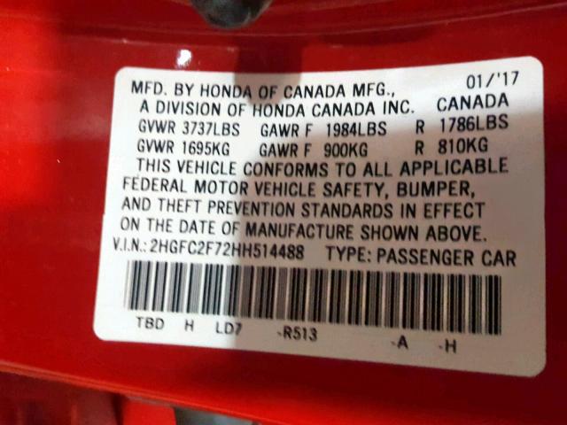 2HGFC2F72HH514488 - 2017 HONDA CIVIC EX RED photo 10