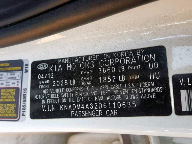 KNADM4A32D6110635 - 2013 KIA RIO LX WHITE photo 10