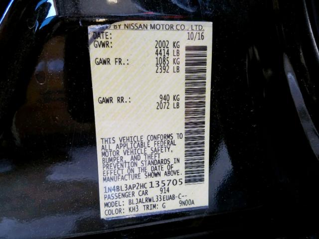 1N4BL3AP2HC135705 - 2017 NISSAN ALTIMA 3.5 BLACK photo 10