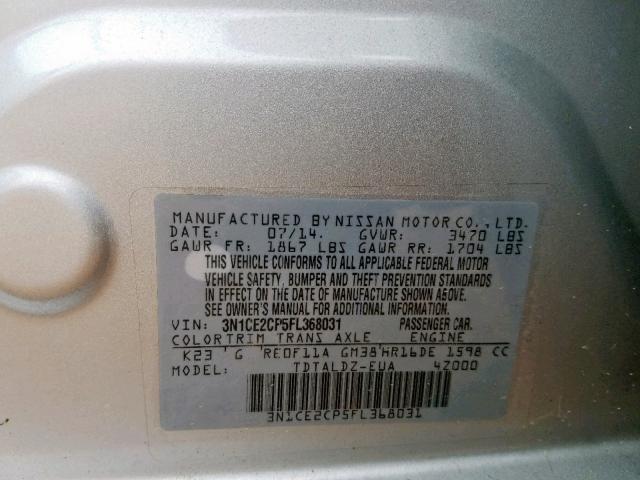 3N1CE2CP5FL368031 - 2015 NISSAN VERSA NOTE GRAY photo 10