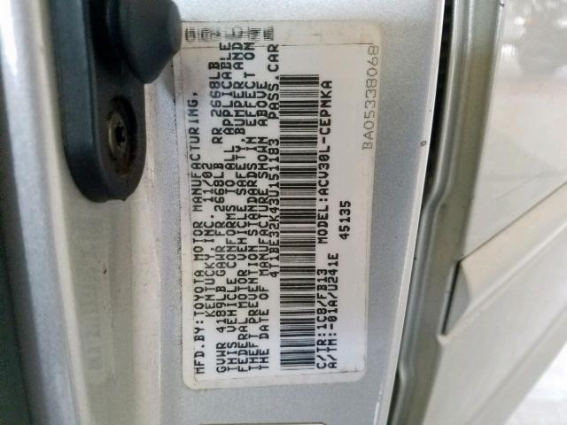 4T1BE32K43U151183 - 2003 TOYOTA CAMRY LE SILVER photo 10