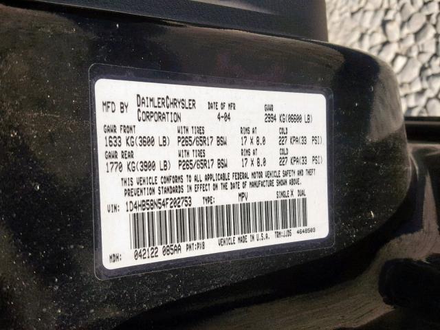 1D4HB58N54F202753 - 2004 DODGE DURANGO LI BLACK photo 10