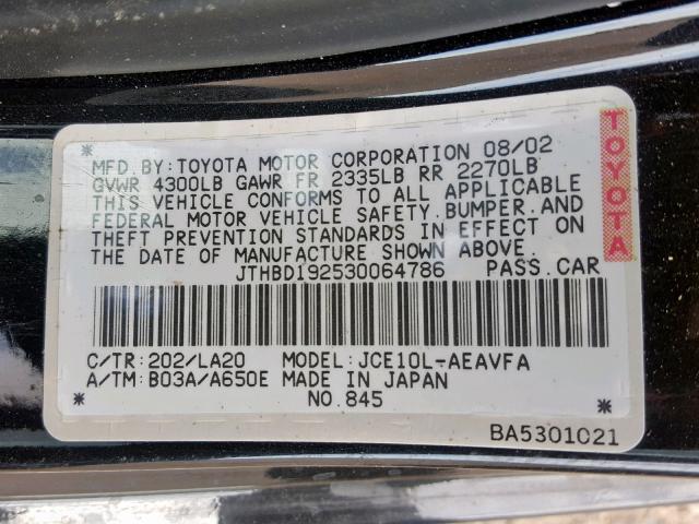 JTHBD192530064786 - 2003 LEXUS IS 300 BLACK photo 10