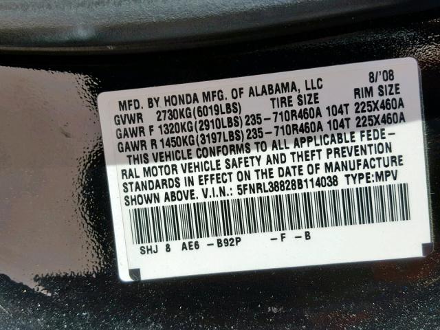 5FNRL38828B114038 - 2008 HONDA ODYSSEY TO BLACK photo 10