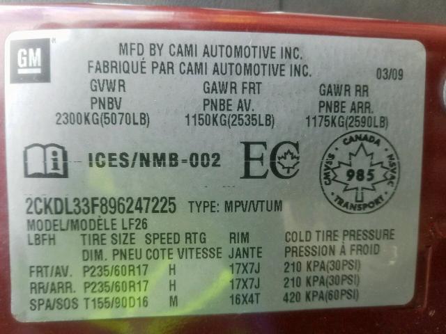 2CKDL33F896247225 - 2009 PONTIAC TORRENT RED photo 10