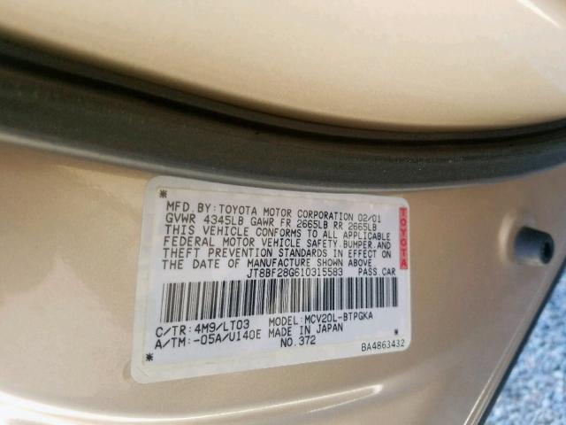 JT8BF28G610315583 - 2001 LEXUS ES 300 GOLD photo 10