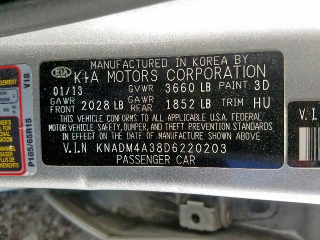 KNADM4A38D6220203 - 2013 KIA RIO LX SILVER photo 10