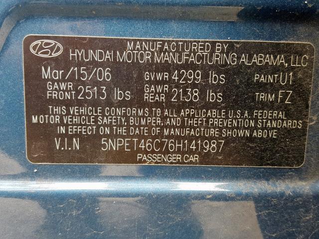 5NPET46C76H141987 - 2006 HYUNDAI SONATA GL GREEN photo 10