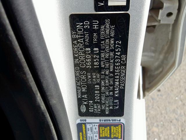 KNADM4A36E6374572 - 2014 KIA RIO LX SILVER photo 10