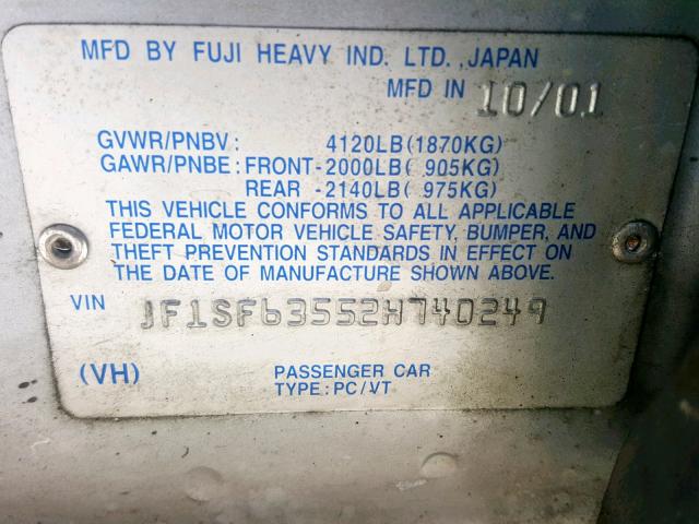 JF1SF63552H740249 - 2002 SUBARU FORESTER L SILVER photo 10