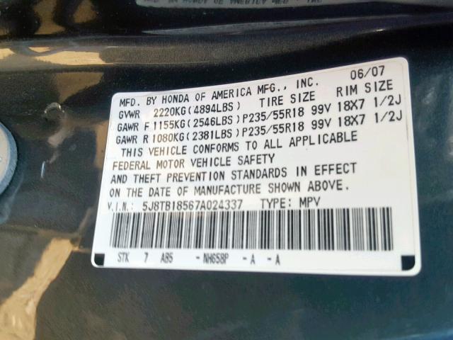 5J8TB18567A024337 - 2007 ACURA RDX TECHNO GRAY photo 10