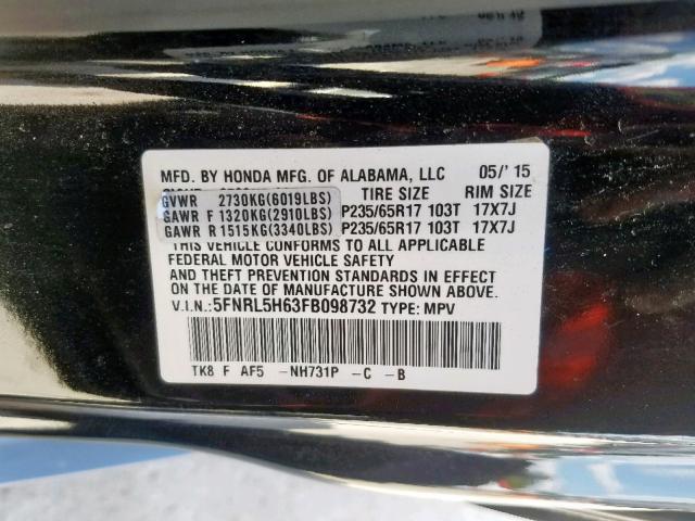 5FNRL5H63FB098732 - 2015 HONDA ODYSSEY EX BLACK photo 10