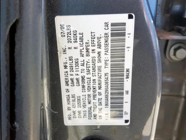 19UUA66296A065475 - 2006 ACURA 3.2TL GRAY photo 10