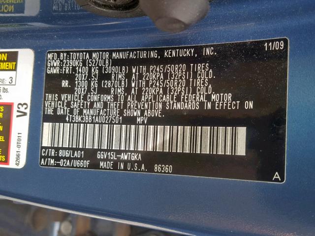 4T3BK3BB1AU027501 - 2010 TOYOTA VENZA BLUE photo 10