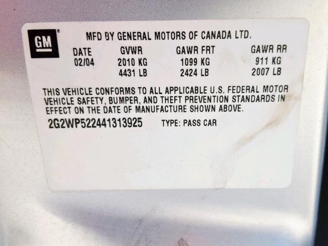 2G2WP522441313925 - 2004 PONTIAC GRAND PRIX GRAY photo 10