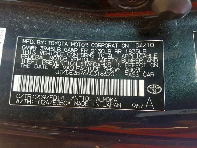 JTKDE3B76A0318620 - 2010 TOYOTA SCION TC შავი ფოტო 10