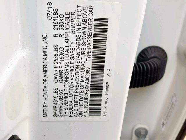 19UUB2F3XKA002989 - 2019 ACURA TLX WHITE photo 10