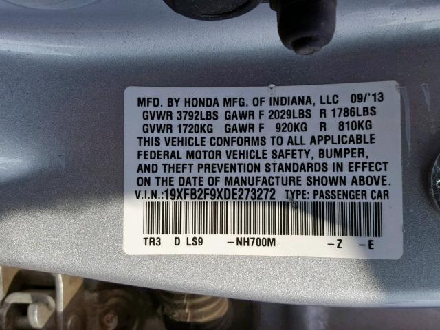 19XFB2F9XDE273272 - 2013 HONDA CIVIC EXL SILVER photo 10