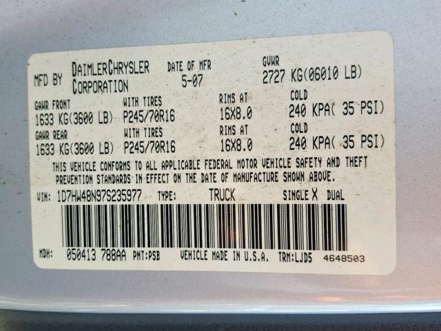 1D7HW48N97S235977 - 2007 DODGE DAKOTA QUA SILVER photo 10