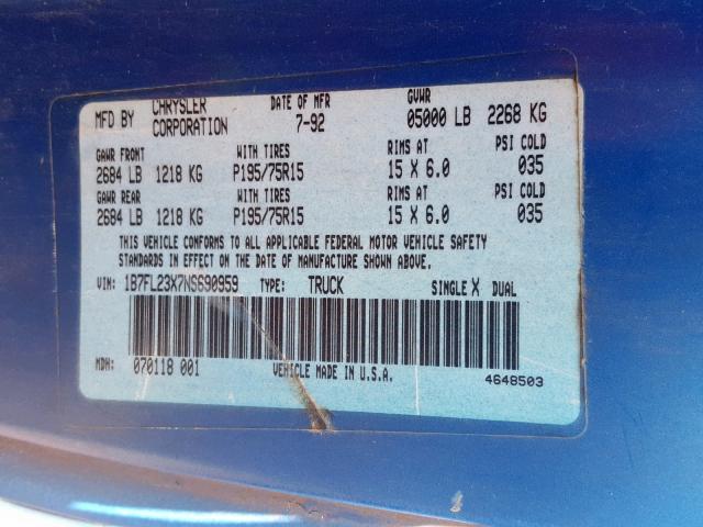 1B7FL23X7NS690959 - 1992 DODGE DAKOTA BLUE photo 10